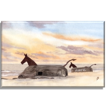 Leinwand 40 x 30 cm Keilrahmen Canvas-Leinen Aquarell Maritim Kunst Druck Kunstdruck Nordsee Dänemark Danmark  Blåvand Blavand Dünen Leuchtturm Maultiere Strand